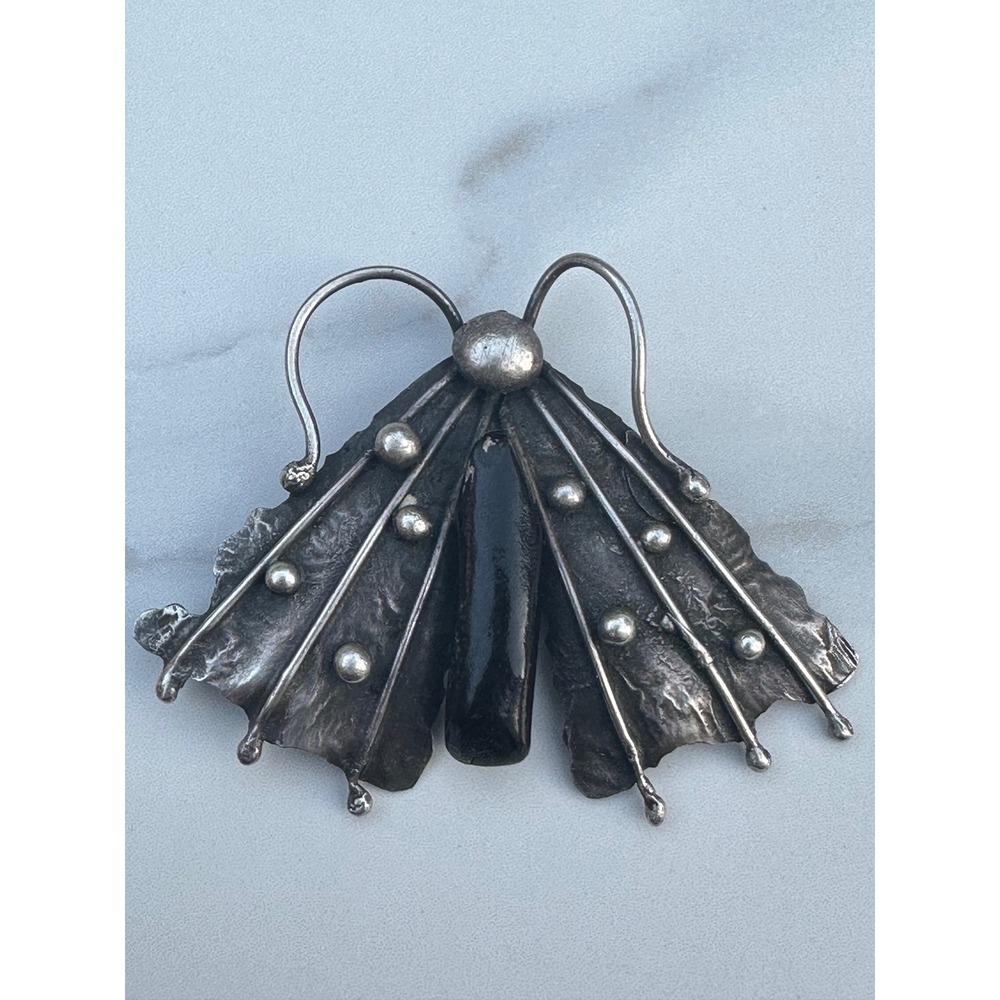 Artisan Brutalist Butterfly Pendant Black Coral Oxidized Sterling Silver 13.1g
